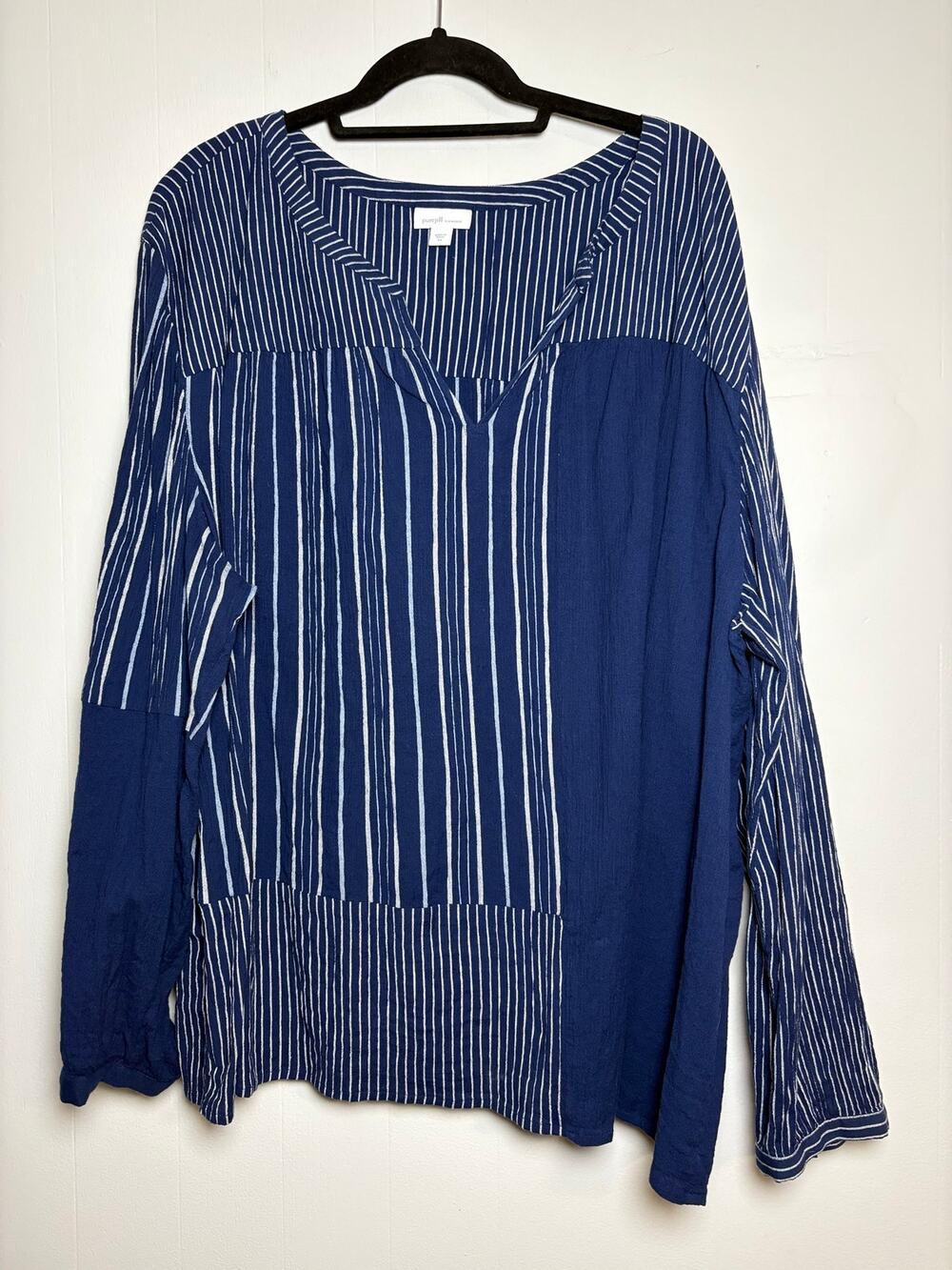 Pure Jill Elements 4X 100% Cotton V Neck Pull Over Color Block Long Sleeve Tunic